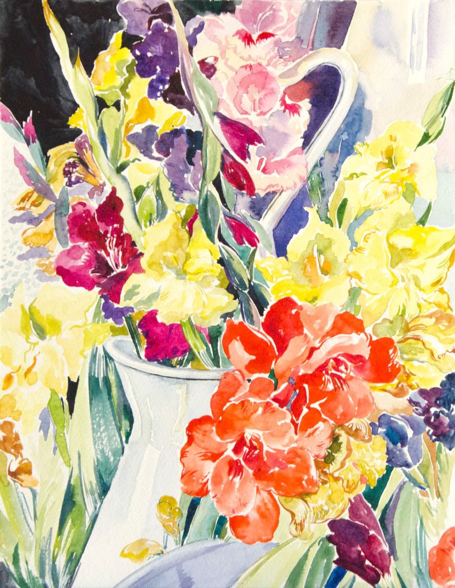 Impressionistic Botanical Watercolour By Daria Galinski, 9 X 13, The Gladiolus Bouquet, Original Artwork
