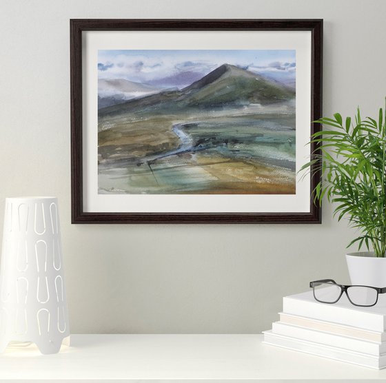 Watercolor painting Landscape Mountains River Field