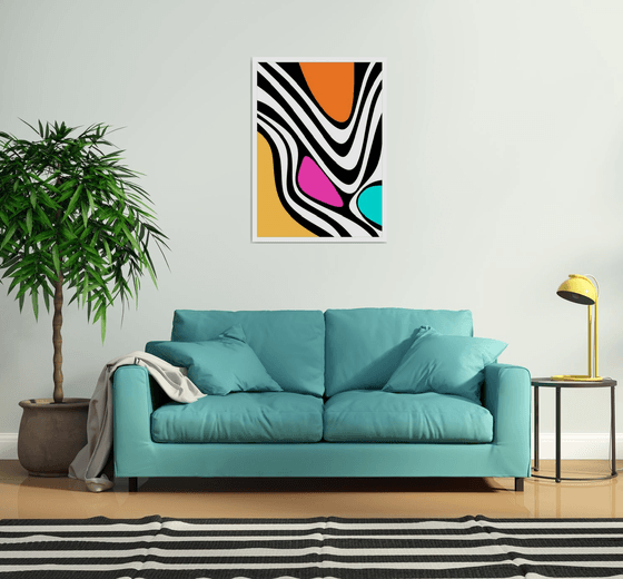 Abstraction artwork zebra multi-colored yellow pink blue black stripes