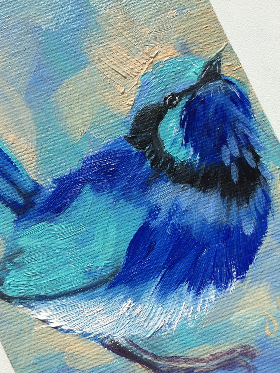 Blue bird n3, miniature original oil painting.