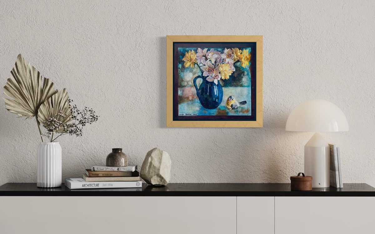 Daffodils In A Blue Vase By Nadezda Stupina, 15 X 14, Artwork For Sale On Artfinder