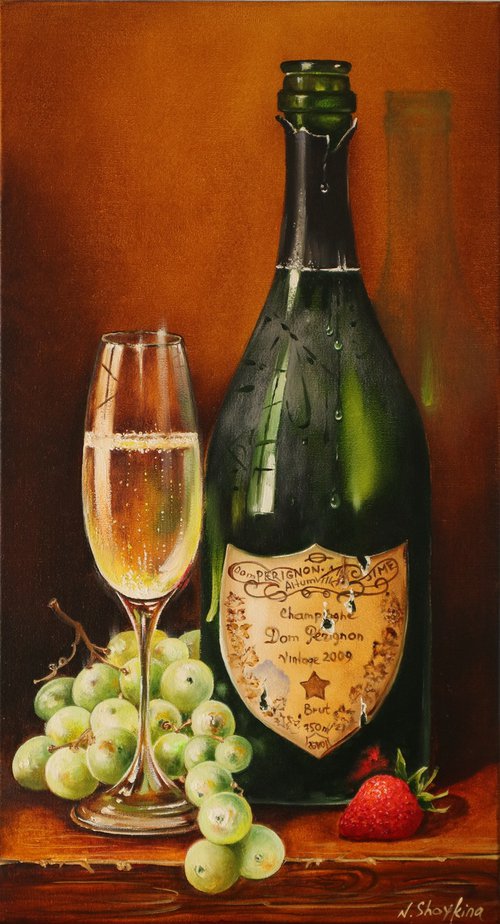 White sparkling wine Champagne, Contemporary Still Life by Natalia Shaykina
