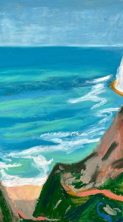 Sea Original Painting, Portugal Landscape Oil Pastel Drawing, Coastal Wall Art by Kate Grishakova