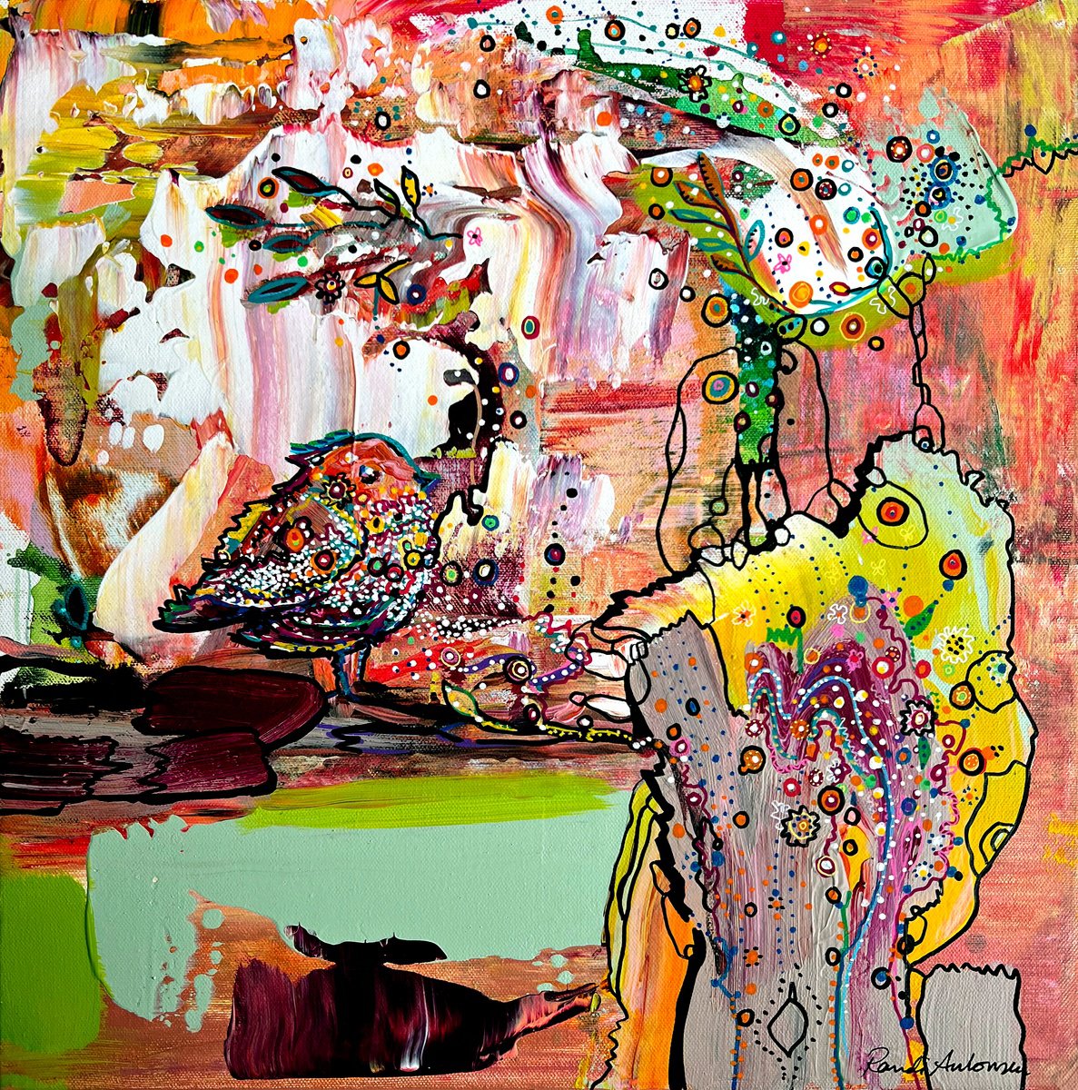 Organic Animal Acrylic Painting By Randi Antonsen, 17 X 17", Lurven, Original Artwork