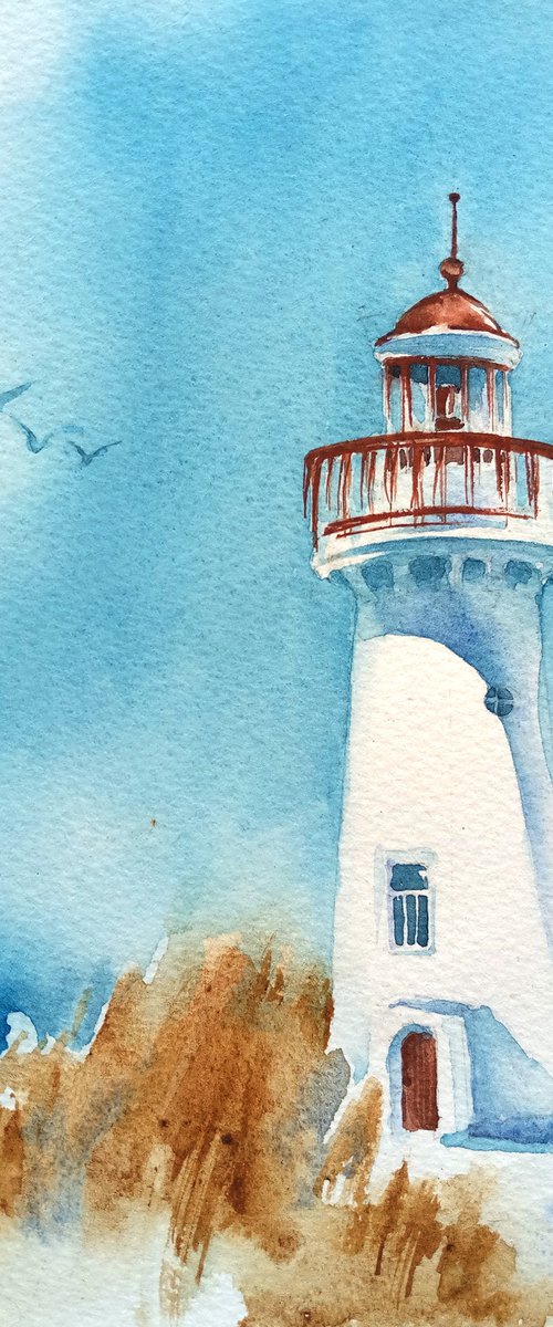 Architectural seascape "Lighthouse" small original watercolor artwork in square format by Ksenia Selianko