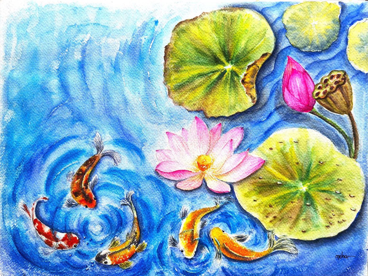 Koi fish with lotus by Neha Soni