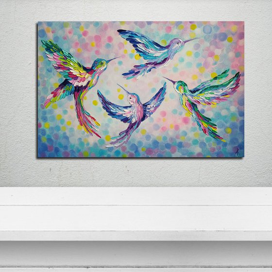 Weightlessness -  birds, love oil painting, birds in flight, birds oil painting, hummingbirds, love, animals oil painting, art bird, impressionism, palette knife, gift.