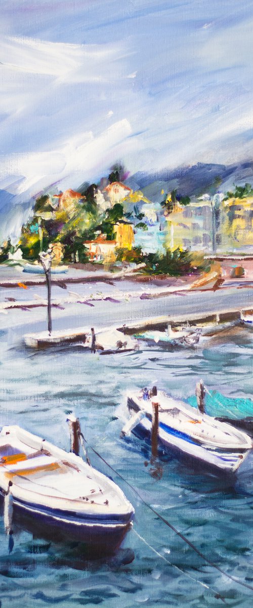 Ascona marina. Stormy weather in Swiss lake. Lago Magiore original oil painting switzerland seascape boats medium size blue landscape interior by Sasha Romm