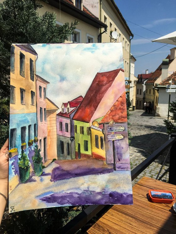 Slovakia Bratislava ORIGINAL watercolor painting, travel city gift, Europe cityscape, plein air artwork