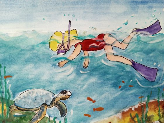 Girl fishes and sea turtle