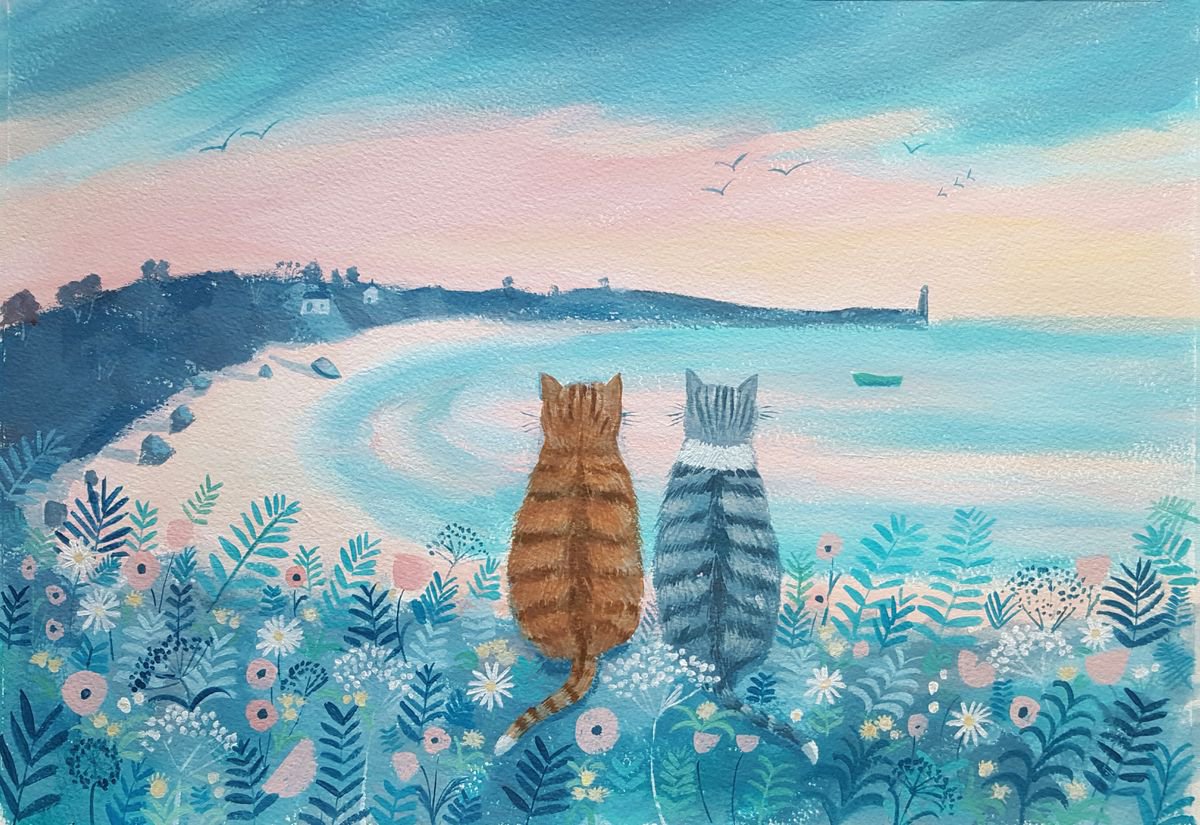 Cats at Dusk- cat painting- cat artwork by Mary Stubberfield