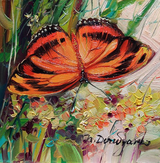Orange Butterfly oil painting original small art framed 4x4 inch