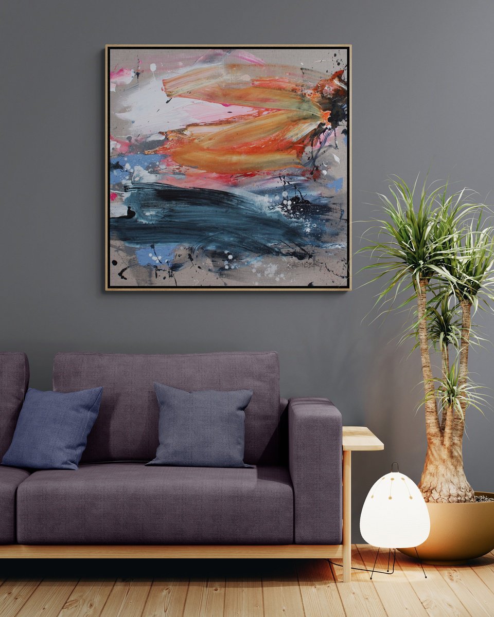 Expressive Landscape Painting By Daniela Schweinsberg, 39 X 39, Sunset Reflection, Original Artwork