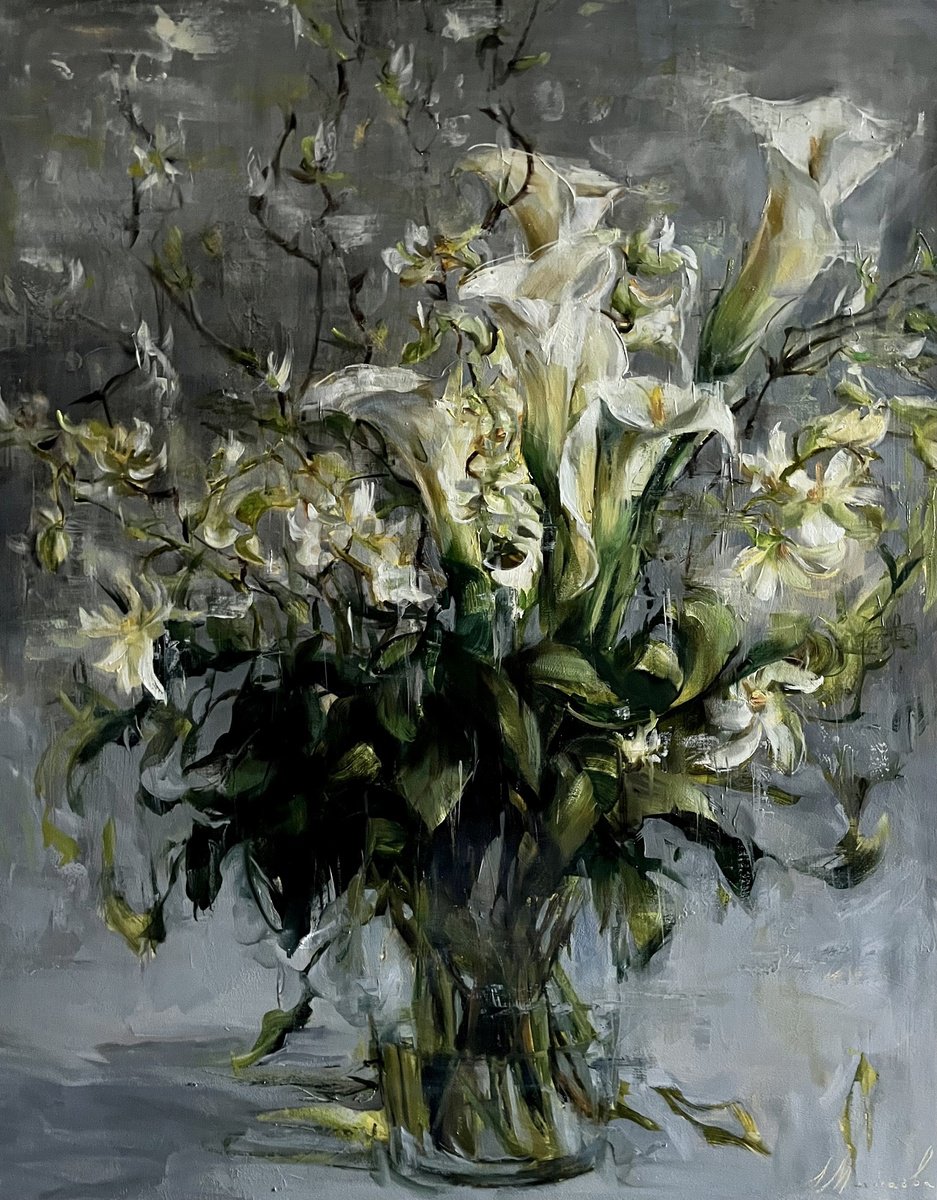 Impressionistic Botanical Oil Painting By Elena Mashajeva-Agraphiotis, 31 X 39, Flowers For You, Original Artwork