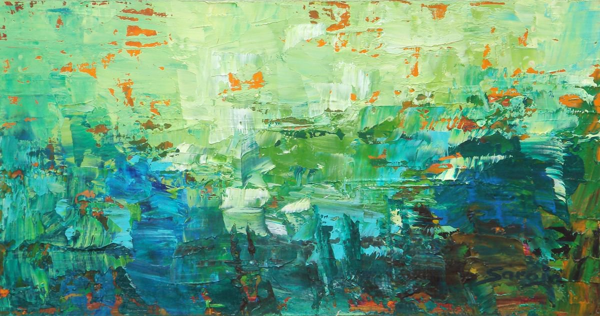 Abstract Landscape Oil Painting By Saroja Van Der Stegen, 6 X 11", Forest Colos 1 (Ref#:1135-W), Original Artwork