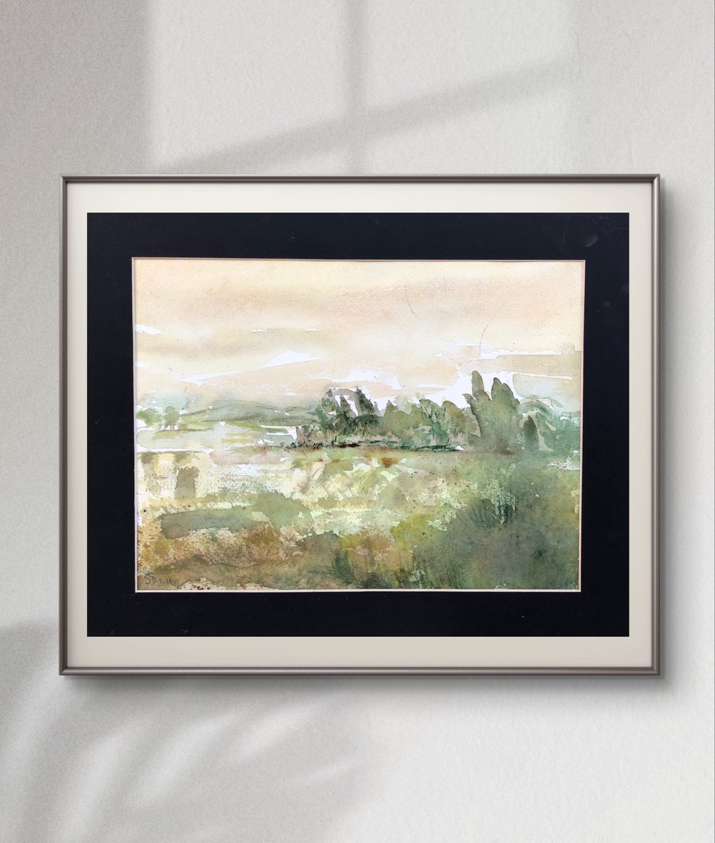 Impressionistic Landscape Watercolour By Snezana Djordjevic, 12 X 9", The Field Of Our Youth, Original Artwork