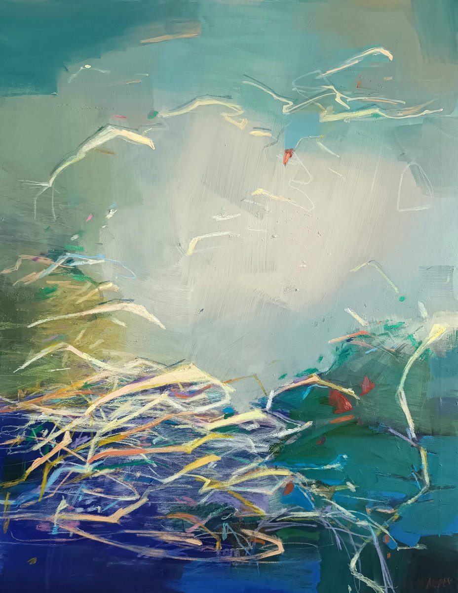 Organic Abstract Acrylic Painting By Magdalena Morey, 28 X 35", The Flow Between Moments, Original Artwork