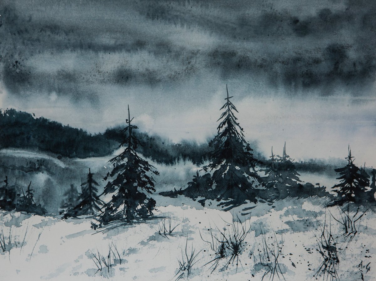Impressionistic Landscape Watercolour By Aneta Gajos, 16 X 12, Winter Landscape, Original Artwork