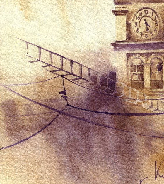 Architectural landscape "Kyiv. Clock on the station tower" - Original watercolor painting