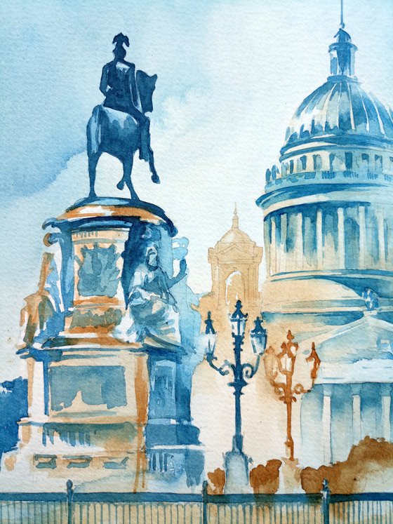 Architectural landscape "Ensemble of St. Isaac's Cathedral in St. Petersburg" original watercolor painting