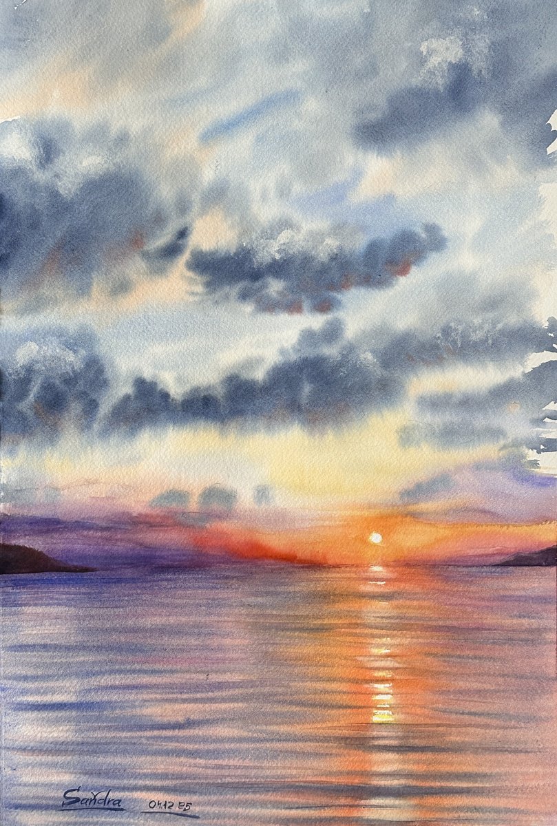 Impressionistic Watercolour , Sunset Over The Sea In Turkey By Oleksandra Padushyna, 15 X 22, Artwork For Sale On Artfinder