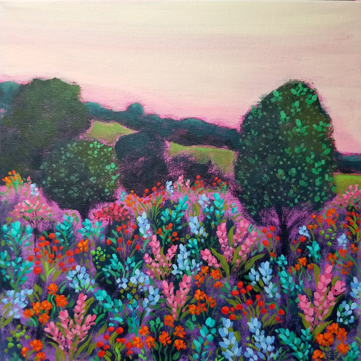 Impressionistic Landscape Acrylic Painting By Karen Rieger, 12 X 12", Shimmering Dusk Of Spring, Original Artwork