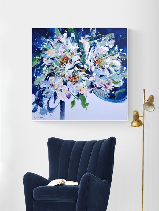 'FRESH MORNING' / white flowers on navy / 100x100