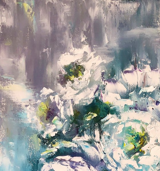 COLD HEART - Blue. Abstract flowers. Lush peonies. Bouquet. White. Freezing. Haze.