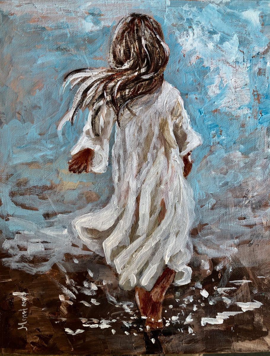 Impressionistic Portrait Acrylic Painting By Inna Montano, 8 X 10, Girl At The Beach, Original Artwork