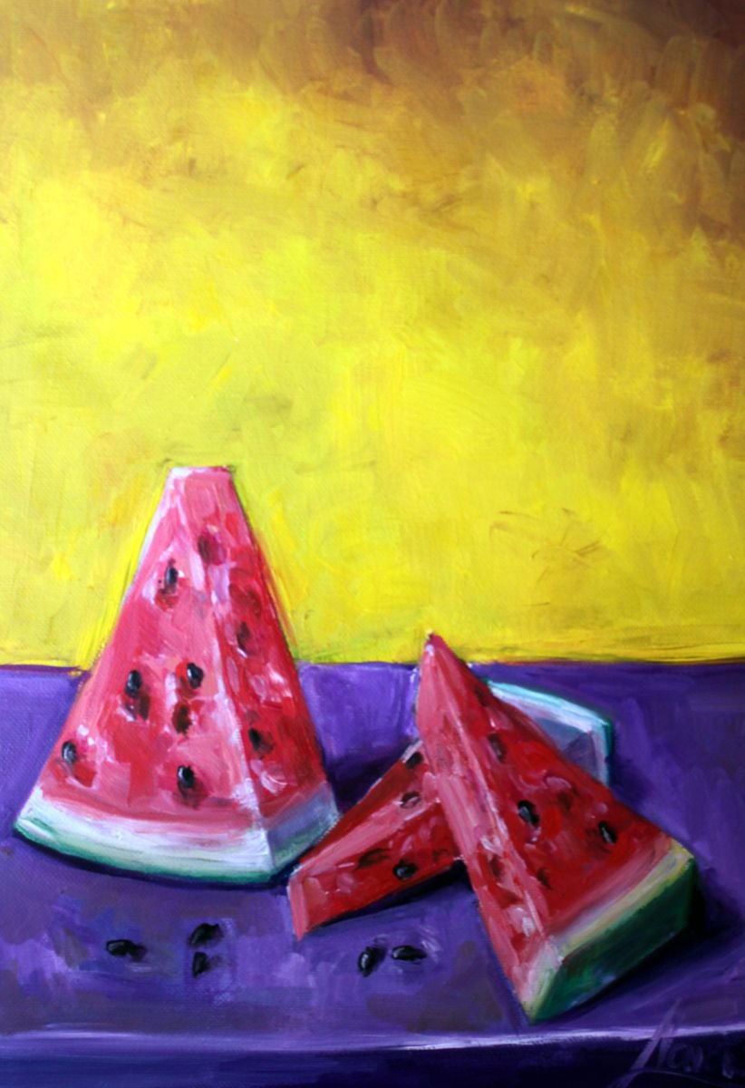 Original oil painting for kitchen, still life Watermelon by Lena Navarro
