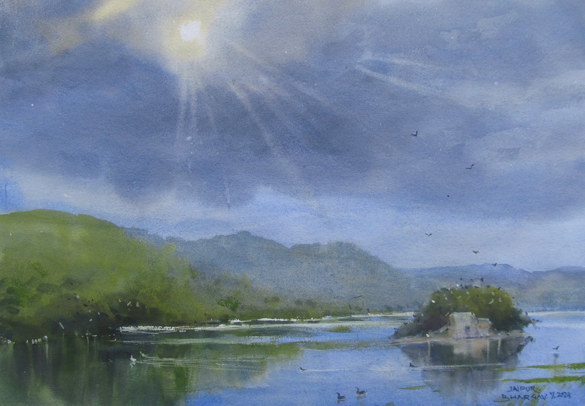 Impressionistic Landscape Watercolour By Bhargavkumar Kulkarni, 18 X 13, Clouds Over Lake, Jaipur, Original Artwork