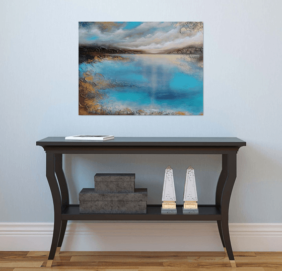 A large semi-abstract beautiful structured mixed media painting of a seascape with the sunrise "A new day" from "Silence" series