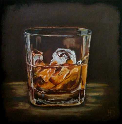 The glass of whiskey, Bourbon Painting Original Art Whiskey Ice Wall Art Cocktail Artwork by Yulia Berseneva