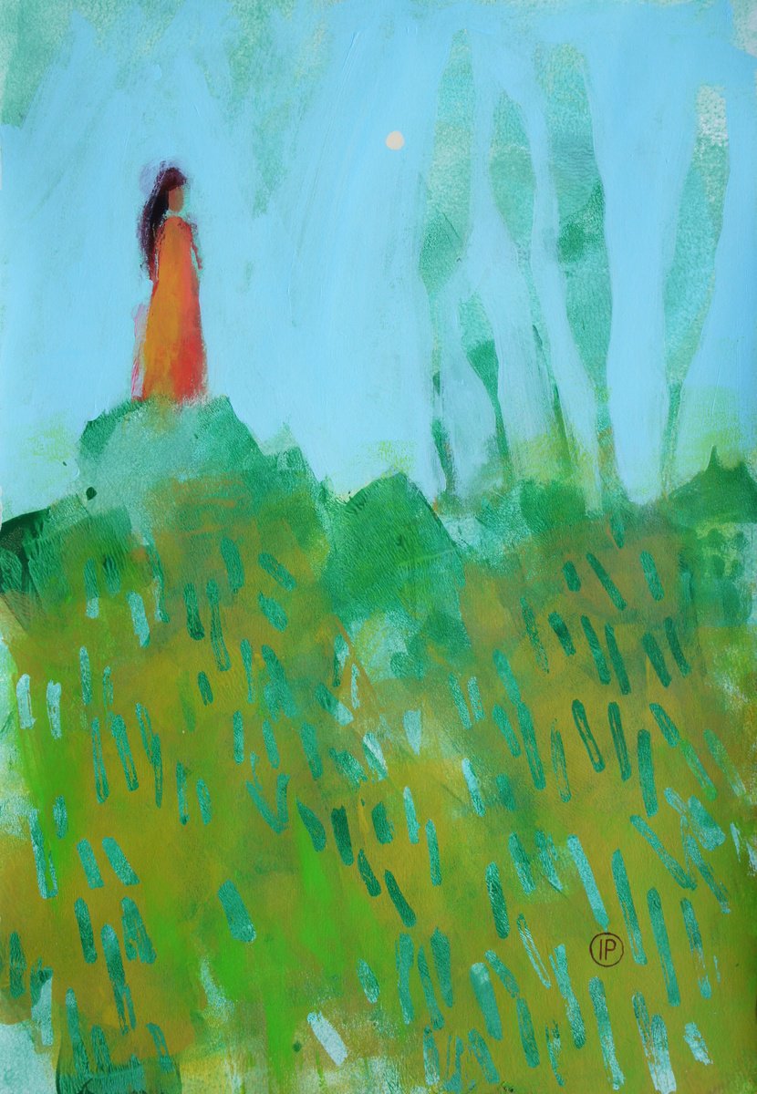 Impressionistic Portrait Acrylic Painting By Irina Plaksina, 12 X 17, Wind, Original Artwork