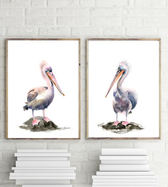 Set of 2 Pelicans  - Original Watercolor Paintings