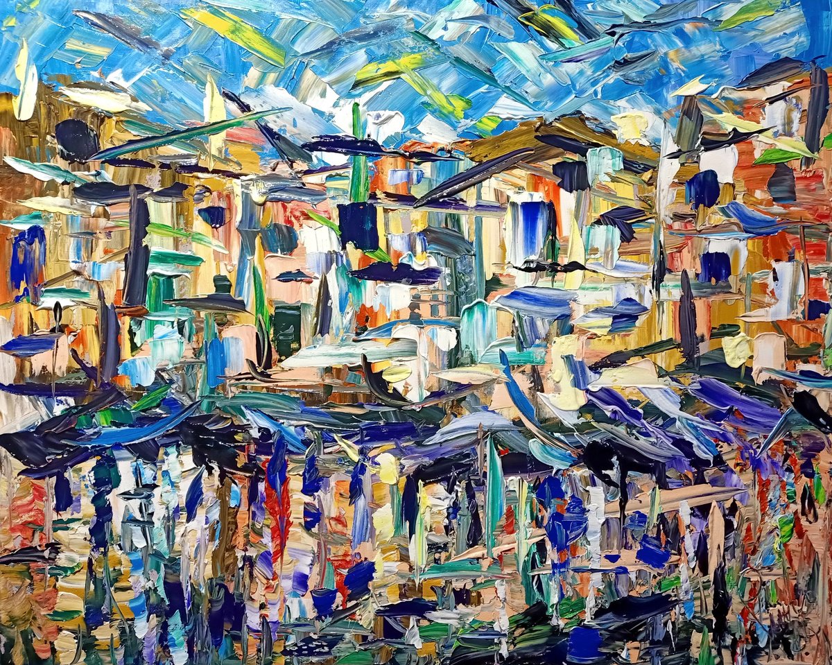 Abstract Acrylic Painting By Antonino Puliafico, 45 X 37, Sguardo Sul Molo, Original Artwork