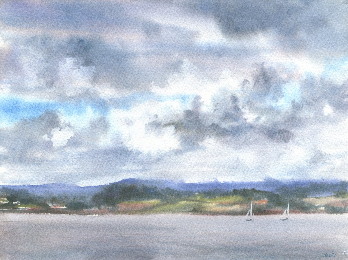 Clouds over Exe river. Topsham riverside by Merite Watercolour