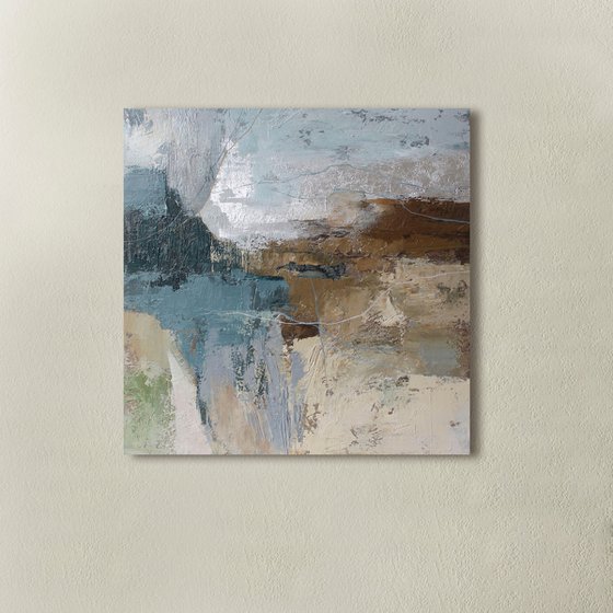 "Fall 6" Abstract blue brown silver art