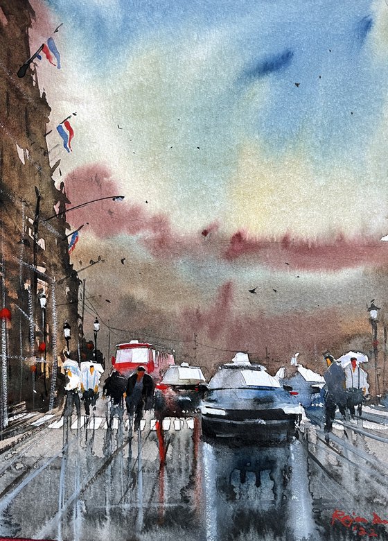 Paris street scene on a rainy