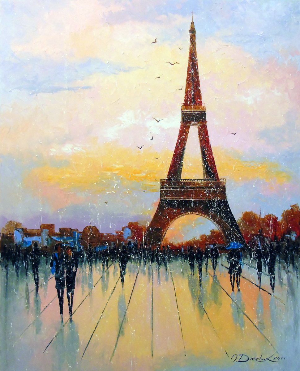 Impressionistic Cityscapes Oil Painting By Olha Darchuk, 31 X 39", Walk Through Paris, Original Artwork