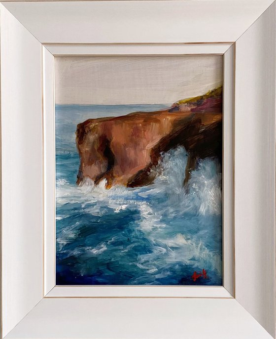 Original art oil painting Impressionist summer seascape sea cliffs.