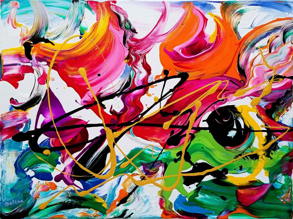 Expressive Abstract Acrylic Painting By Galina Victoria, 16 X 12, Interaction, Original Artwork