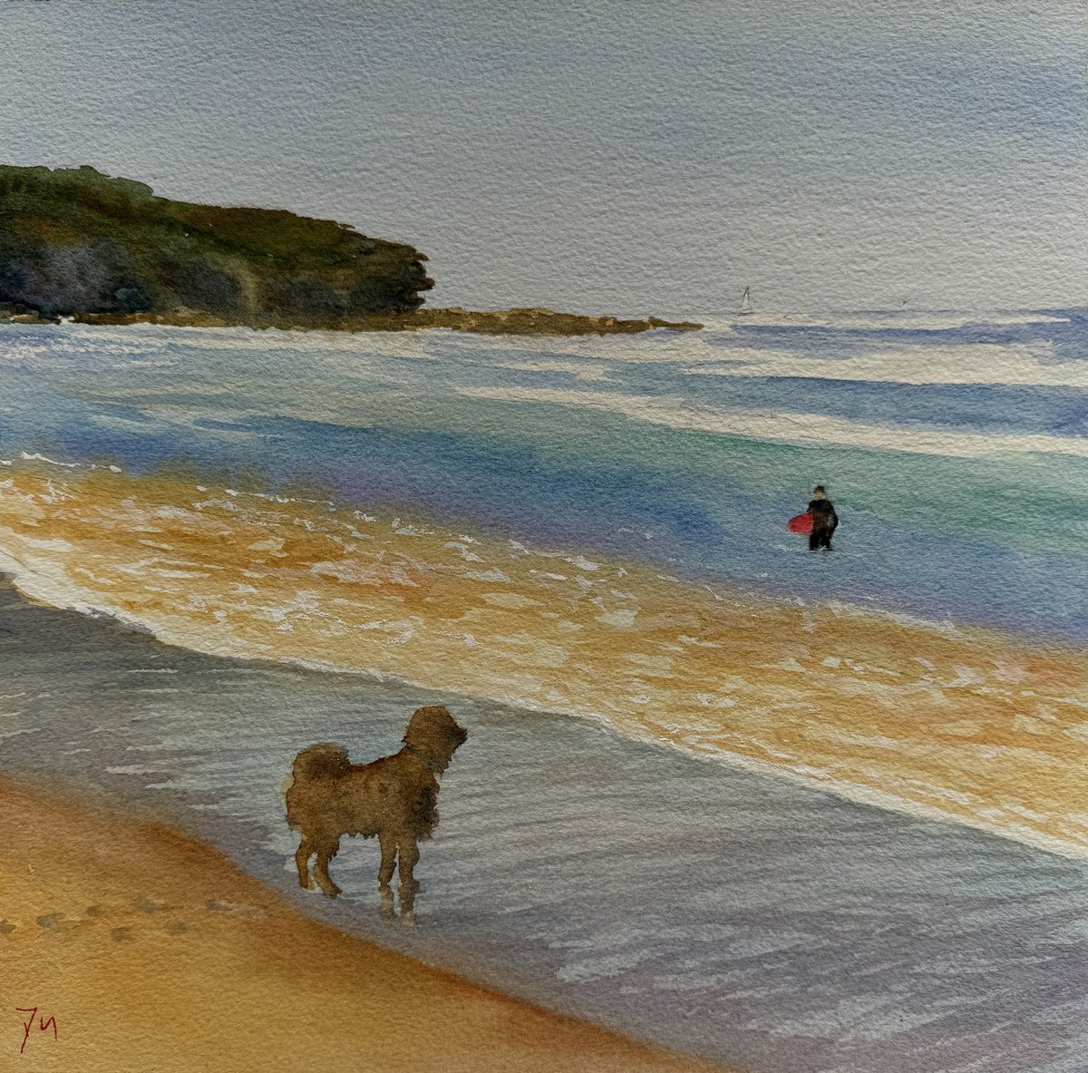 Impressionistic Landscape Watercolour By Shelly Du, 12 X 12", Surfer And Dog, Original Artwork