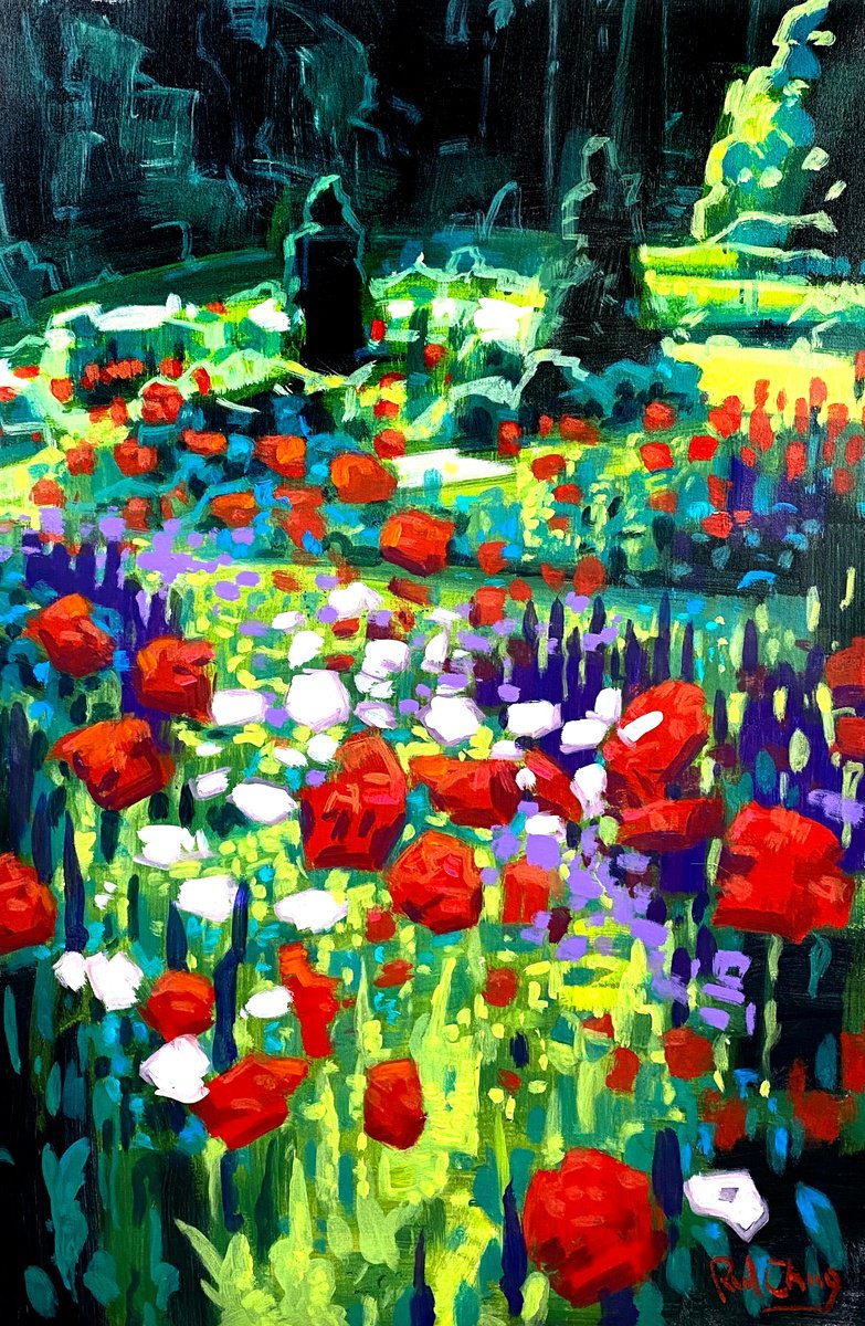 Impressionistic Botanical Acrylic Painting By Paul Cheng, 24 X 36", Semi-Abstract Garden No.8, Original Artwork