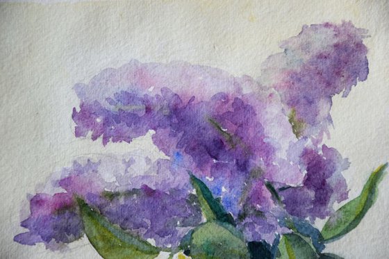 Lilac flowers original watercolor painting on craft paper, Botanical still life, romantic postcard