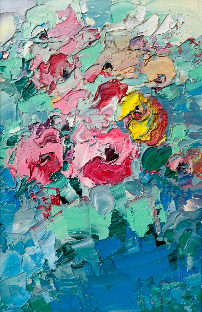 Abstract Botanical Oil Painting By Svitlana Andriichenko, 9 X 13", Flower Sapphires, Original Artwork