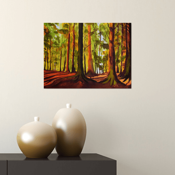 Norwegian watercolor painting Sunset forest, Sun through trees in Norway