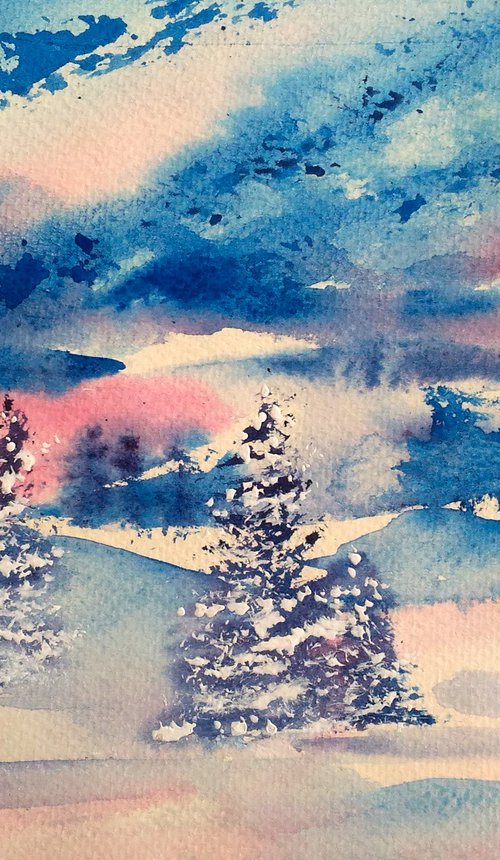 Appalachian Winter Painting Christmas Original Art Mountains Small Winter Forest Watercolor Landscape Artwork Home Wall Art 10 by 7" by Halyna Kirichenko by Halyna Kirichenko