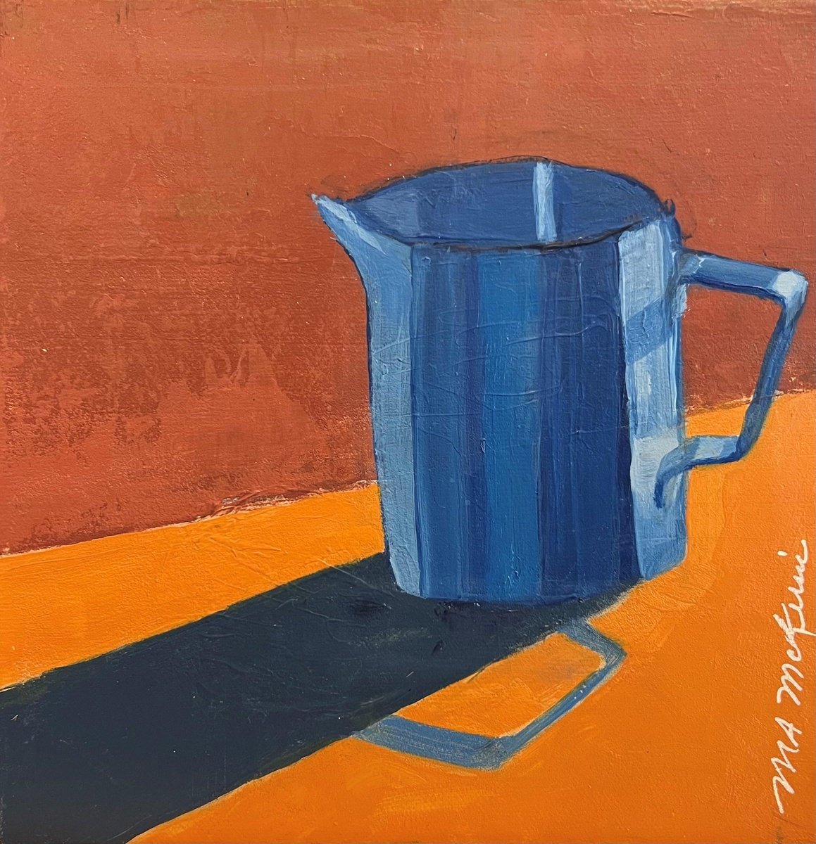 Impressionistic Still Life Acrylic Painting By Maryanne Mckernie, 8 X 8", Creamer In Blue, Original Artwork