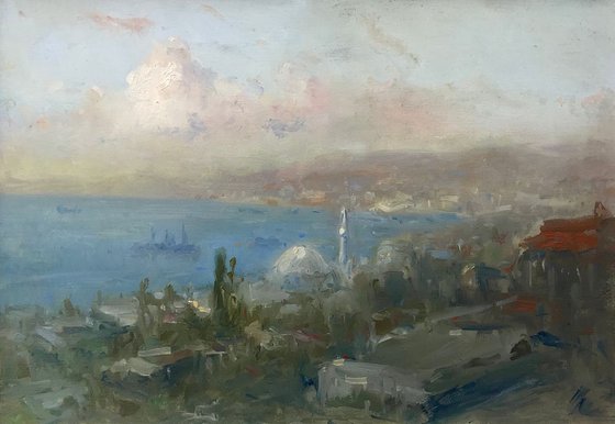 Istanbul at Evening  Original oil Painting, Handmade artwork, Signed, One of a Kind